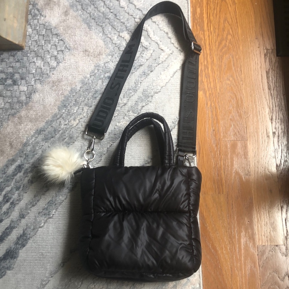 H&M Black Crossbody Puff Bag with Pom Pom Keychain